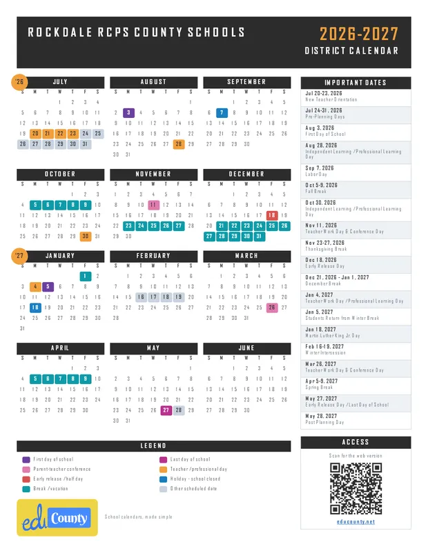 Rockdale RCPS County Schools printable 2026-27 calendar