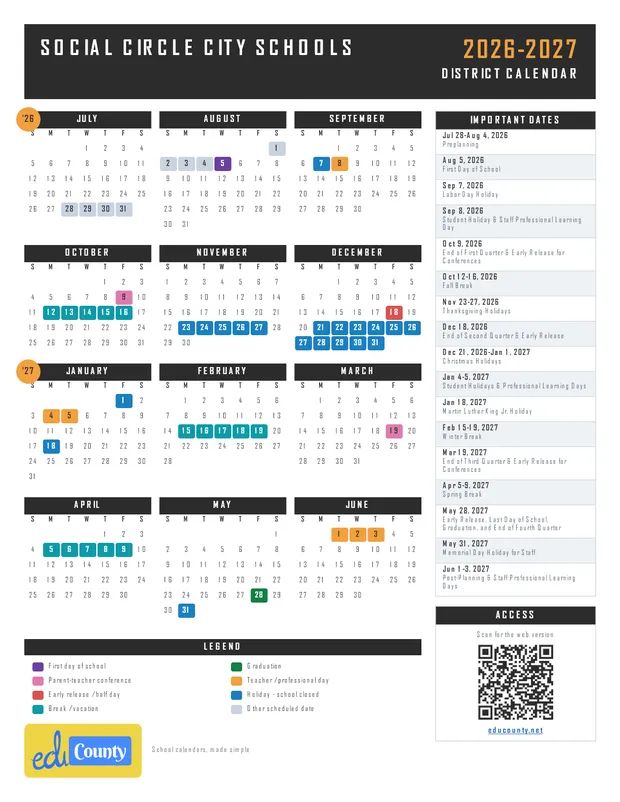 Social Circle City Schools printable 2026-27 calendar