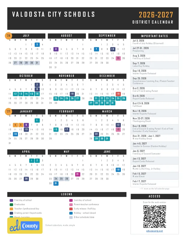 Valdosta City Schools printable 2026-27 calendar