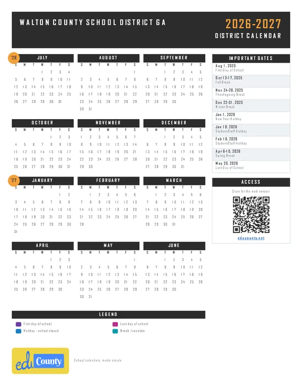 Walton County School District printable 2026-27 calendar