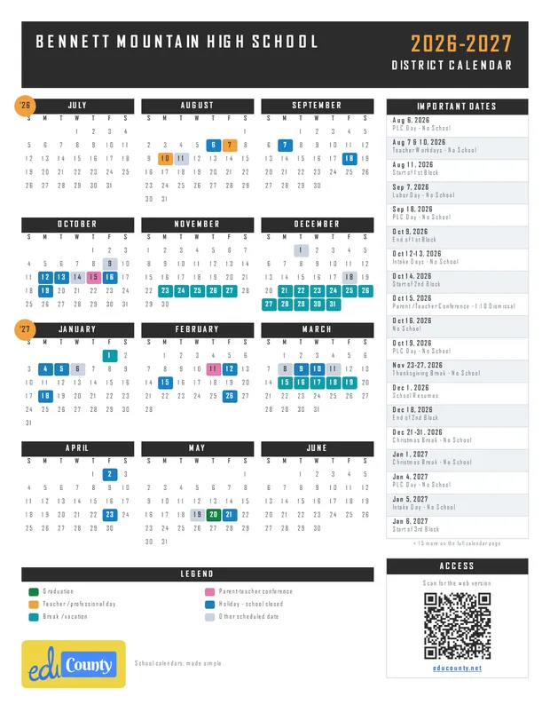 Bennett Mountain high School printable 2026-27 calendar
