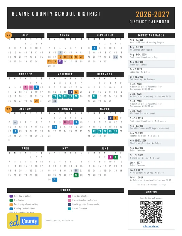Blaine County School District printable 2026-27 calendar