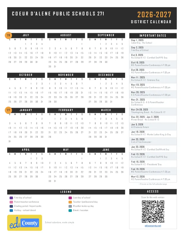 Coeur d'Alene Public Schools 271 printable 2026-27 calendar