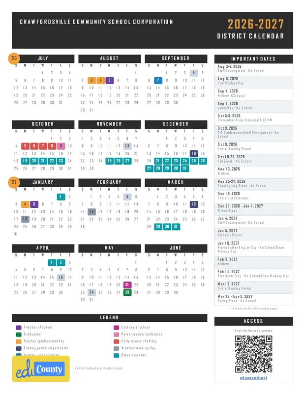 Crawfordsville Community School Corporation printable 2026-27 calendar