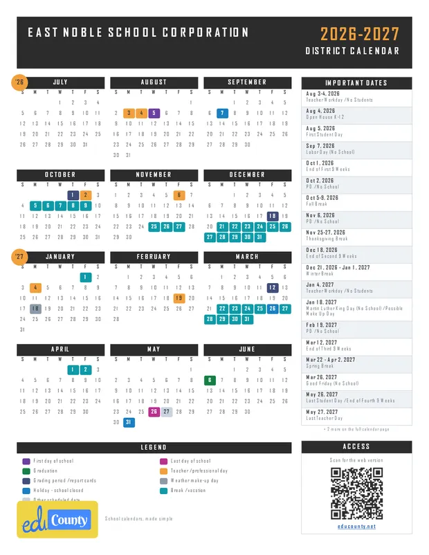 East Noble School Corporation printable 2026-27 calendar