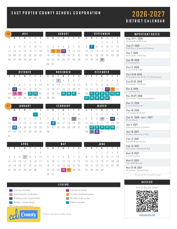 East Porter County School Corporation printable 2026-27 calendar