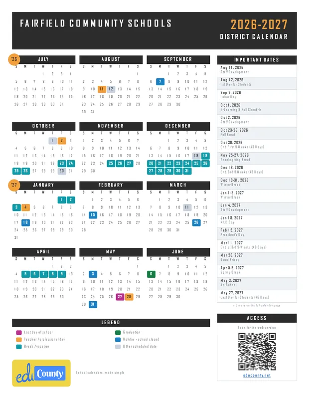 FAIRFIELD COMMUNITY SCHOOLS printable 2026-27 calendar