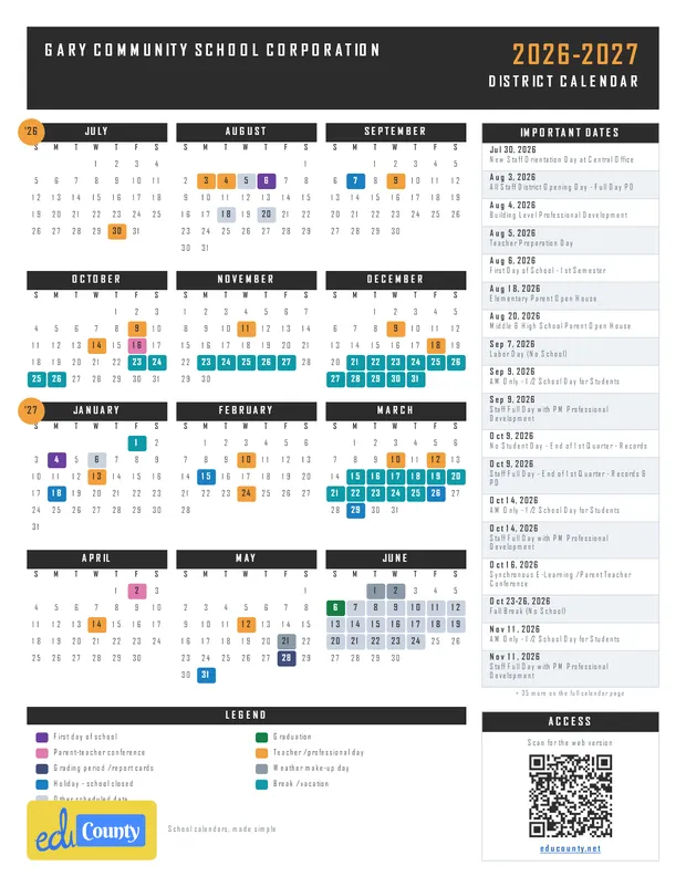 Gary Community School Corporation printable 2026-27 calendar