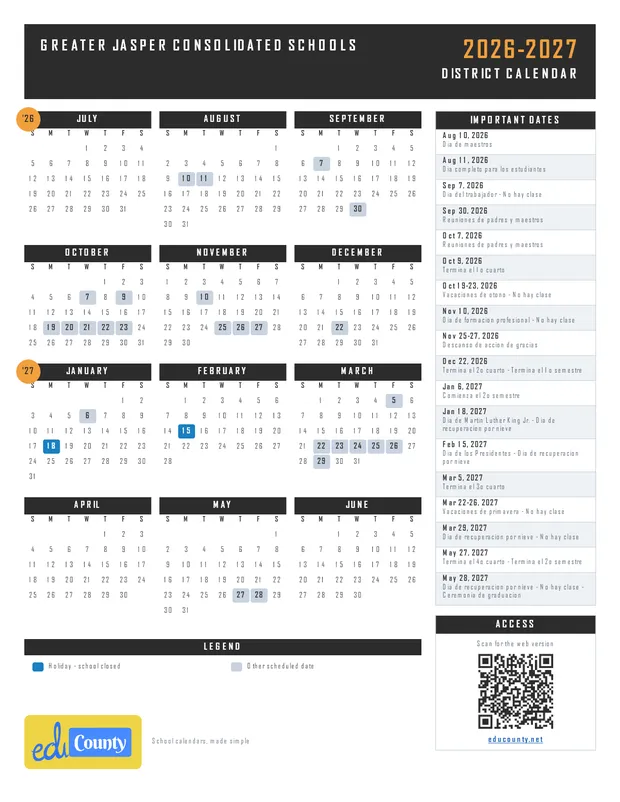 Greater Jasper Consolidated Schools printable 2026-27 calendar