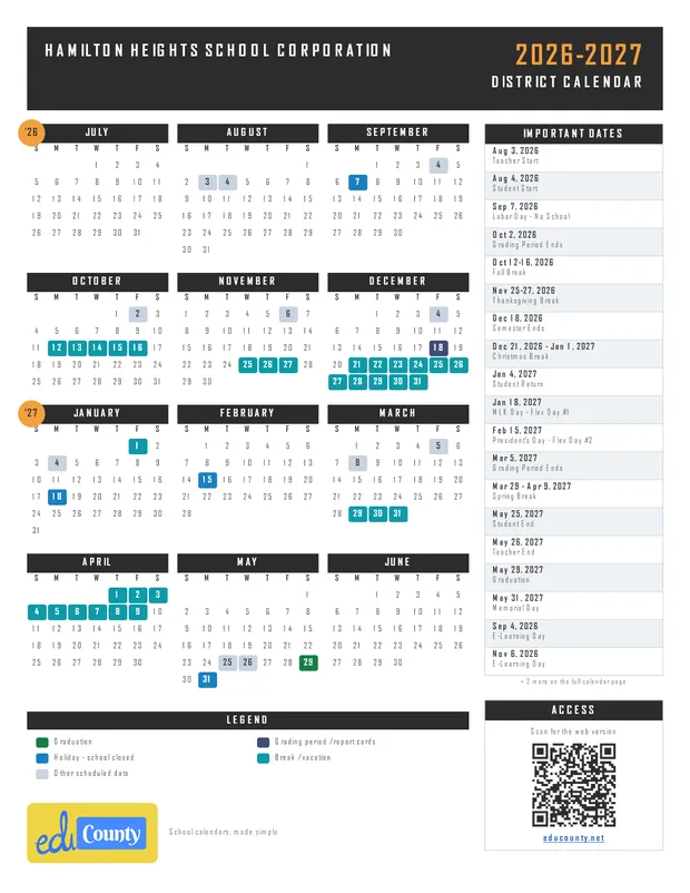 Hamilton Heights School Corporation printable 2026-27 calendar