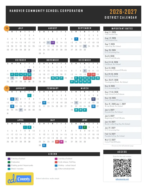 Hanover Community School Corporation printable 2026-27 calendar