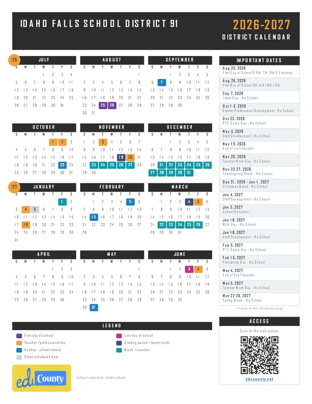 Idaho Falls School District 91 printable 2026-27 calendar