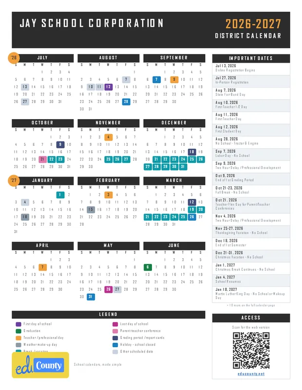 Jay School Corporation printable 2026-27 calendar