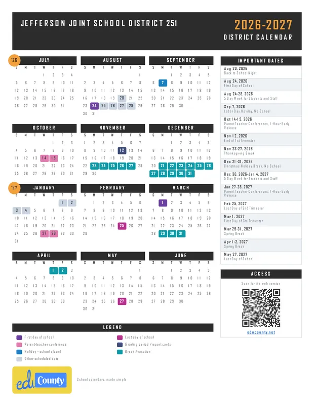 Jefferson Joint School District 251 printable 2026-27 calendar