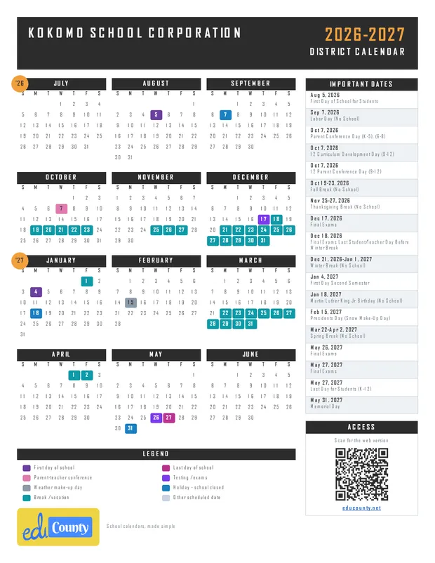 Kokomo School Corporation printable 2026-27 calendar