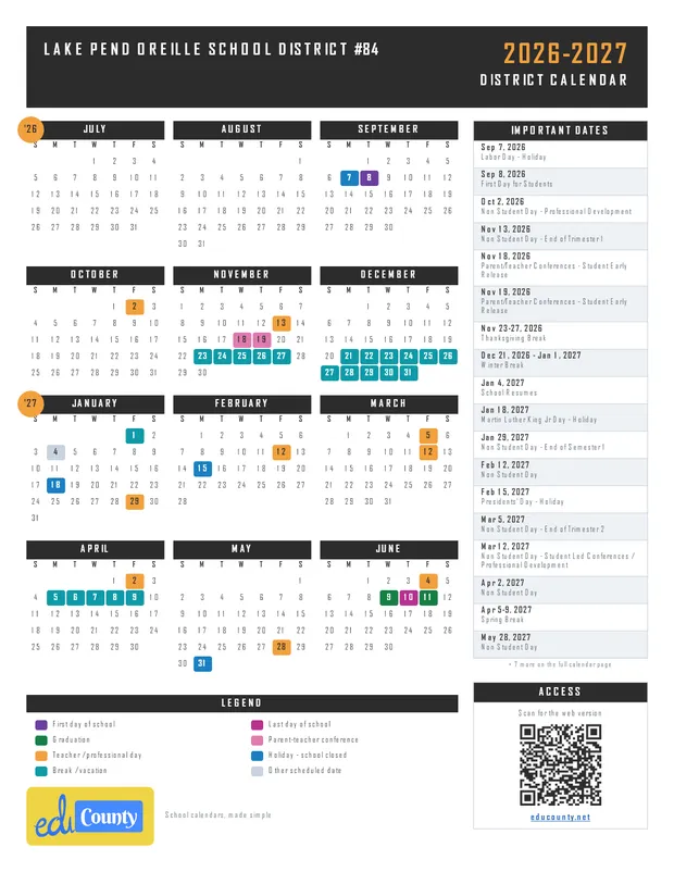 Lake Pend Oreille School District #84 printable 2026-27 calendar