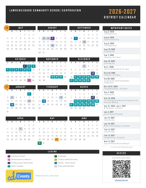 Lawrenceburg Community School Corporation printable 2026-27 calendar