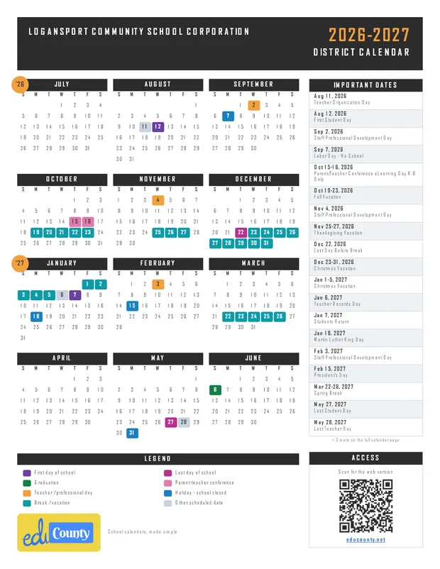 Logansport Community School Corporation printable 2026-27 calendar