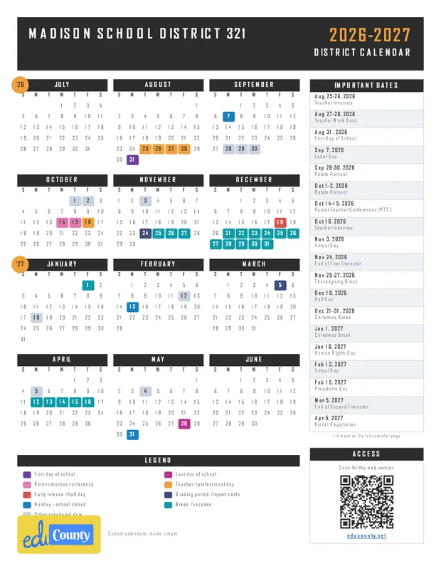 Madison School District 321 printable 2026-27 calendar