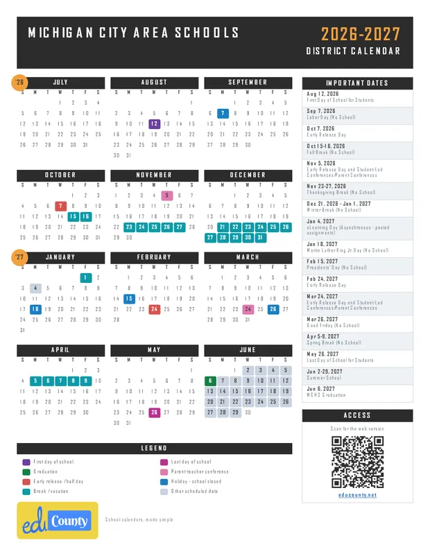 Michigan City Area Schools printable 2026-27 calendar