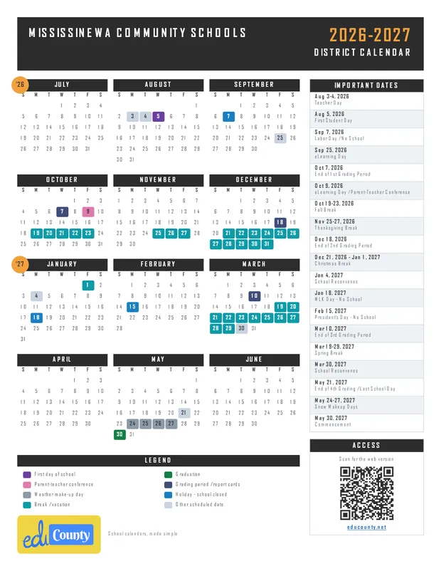 Mississinewa Community Schools printable 2026-27 calendar