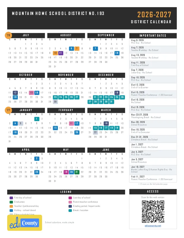 Mountain Home School District No. 193 printable 2026-27 calendar