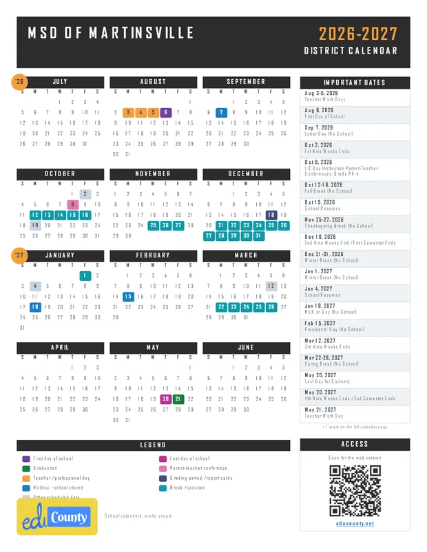 MSD OF MARTINSVILLE printable 2026-27 calendar