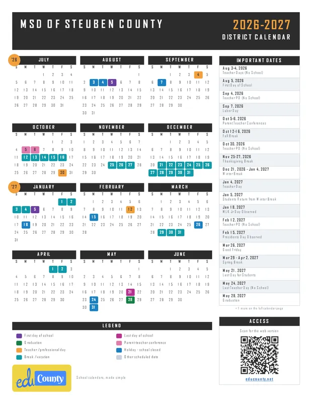 MSD of Steuben County printable 2026-27 calendar