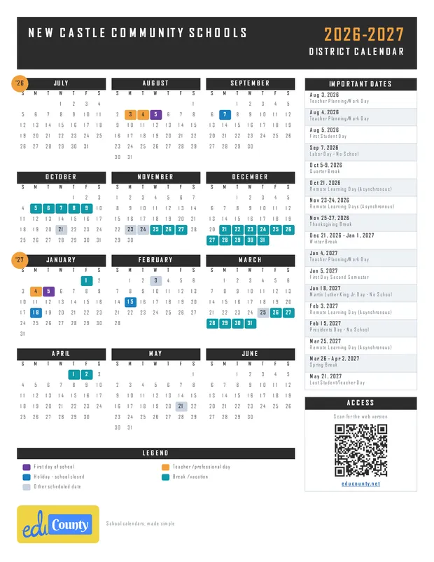 New Castle Community Schools printable 2026-27 calendar