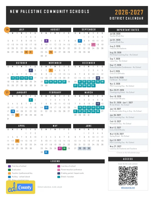 New Palestine Community Schools printable 2026-27 calendar