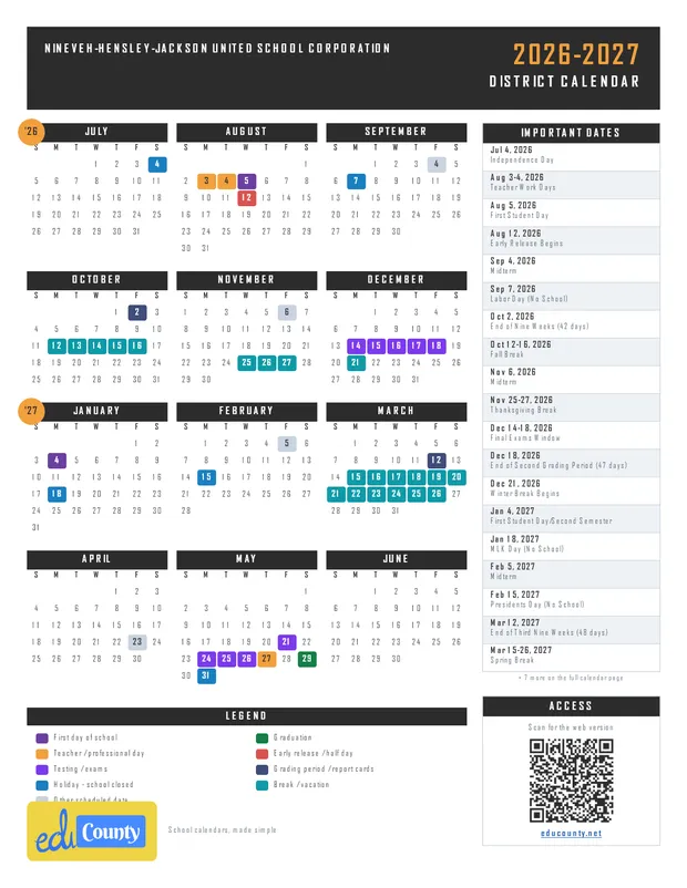 Nineveh-Hensley-Jackson United School Corporation printable 2026-27 calendar