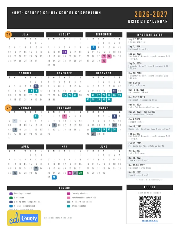 North Spencer County School Corporation printable 2026-27 calendar