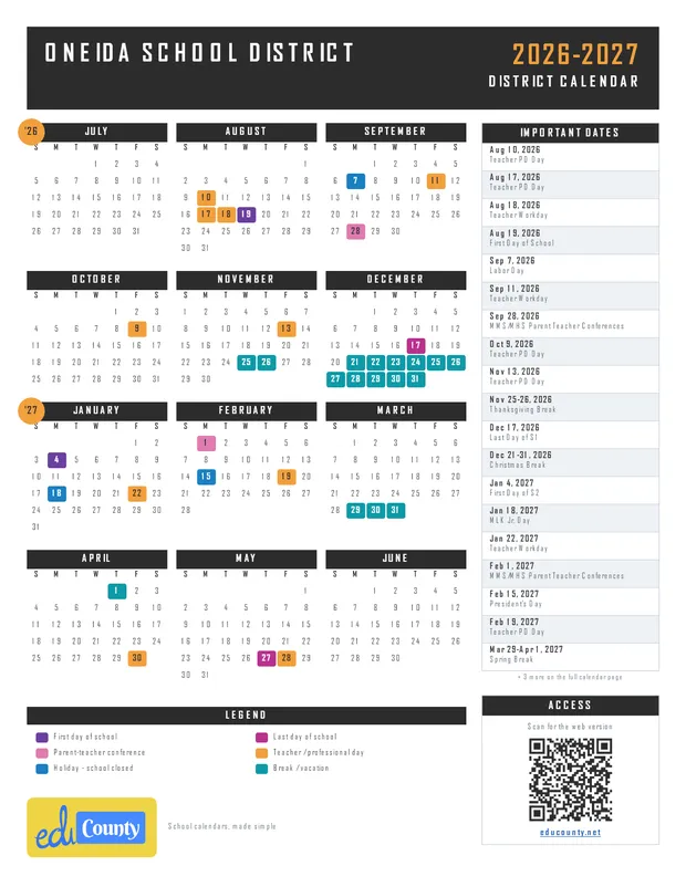 Oneida School District printable 2026-27 calendar