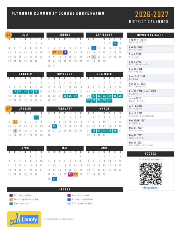Plymouth Community School Corporation printable 2026-27 calendar