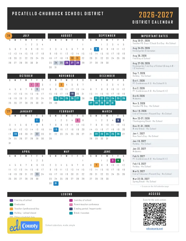 Pocatello-Chubbuck School District printable 2026-27 calendar