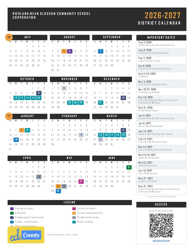 Richland-Bean Blossom Community School Corporation printable 2026-27 calendar