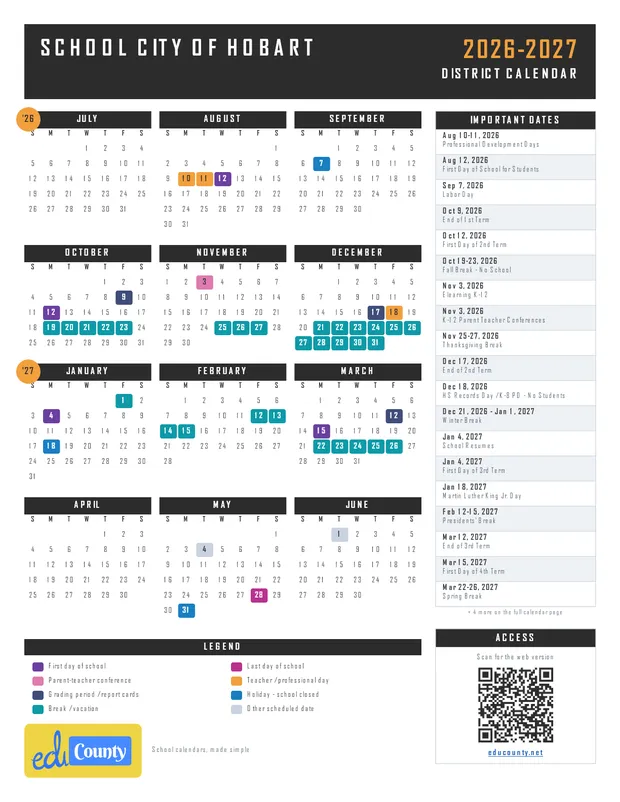 School City of Hobart printable 2026-27 calendar