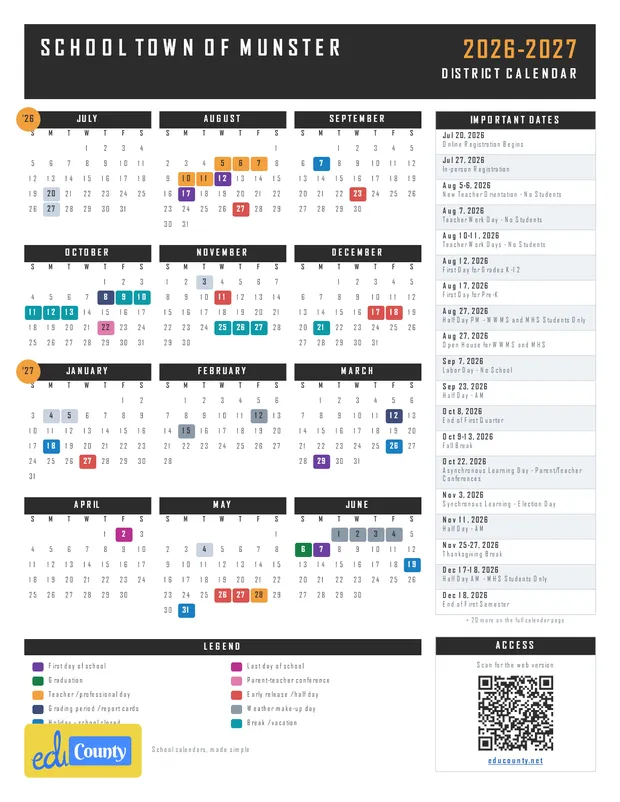 School Town of Munster printable 2026-27 calendar