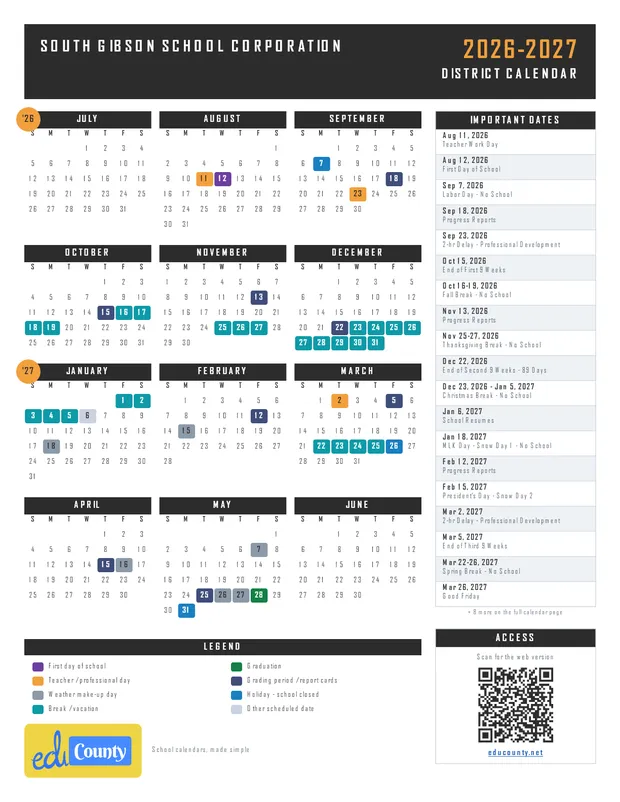 South Gibson School Corporation printable 2026-27 calendar