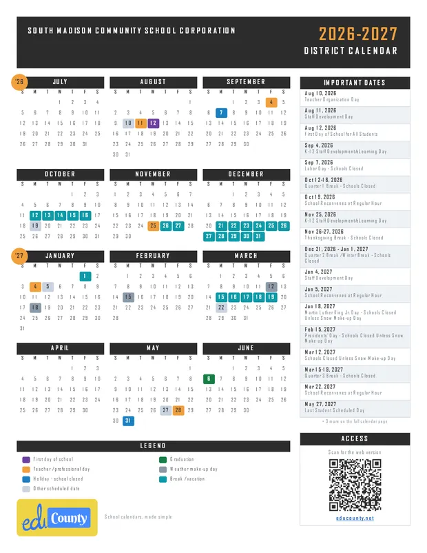 SOUTH MADISON COMMUNITY SCHOOL CORPORATION printable 2026-27 calendar