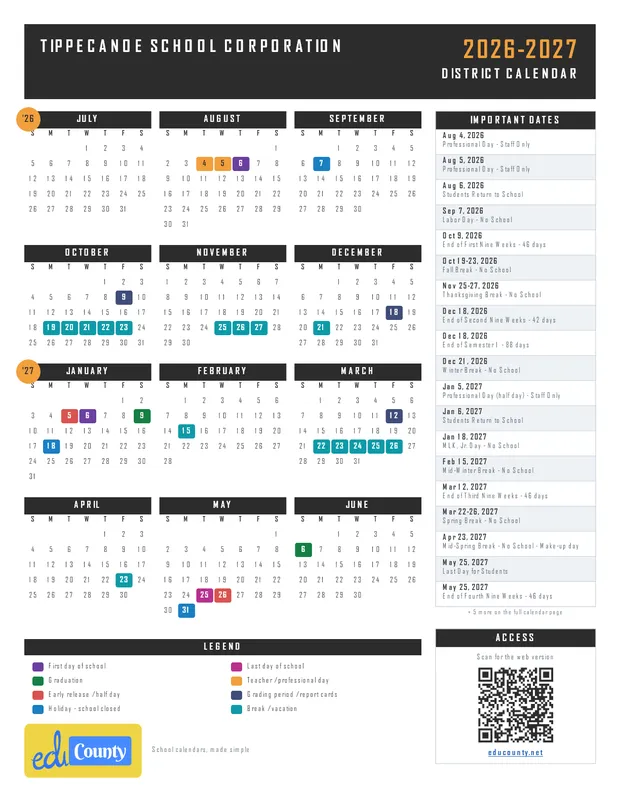 TIPPECANOE SCHOOL CORPORATION printable 2026-27 calendar