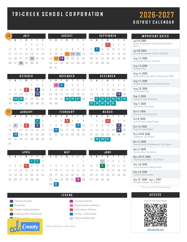 Tri-Creek School Corporation printable 2026-27 calendar