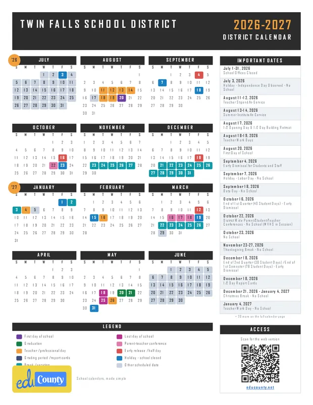 Twin Falls School District printable 2026-27 calendar