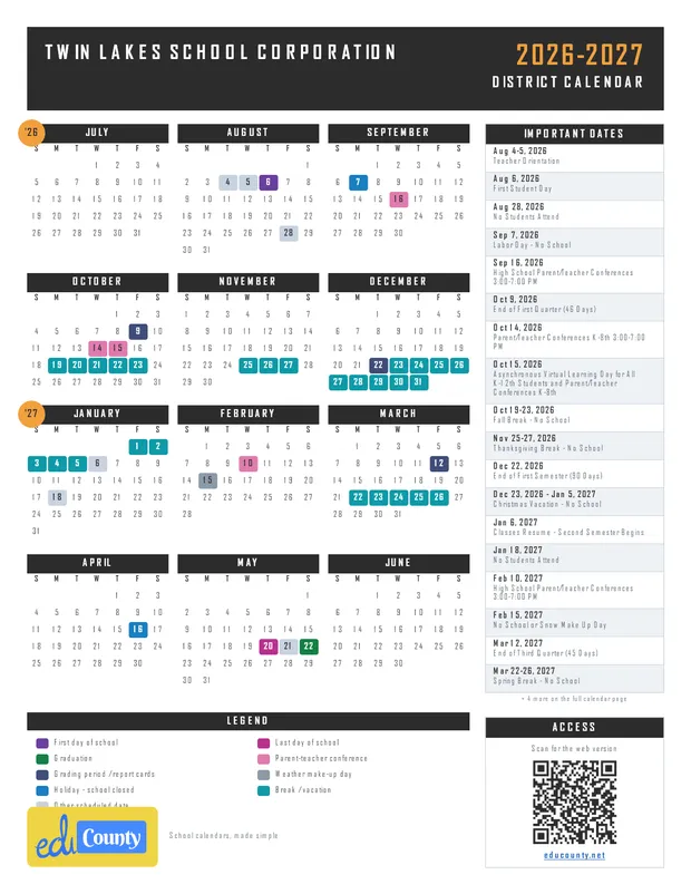 Twin Lakes School Corporation printable 2026-27 calendar