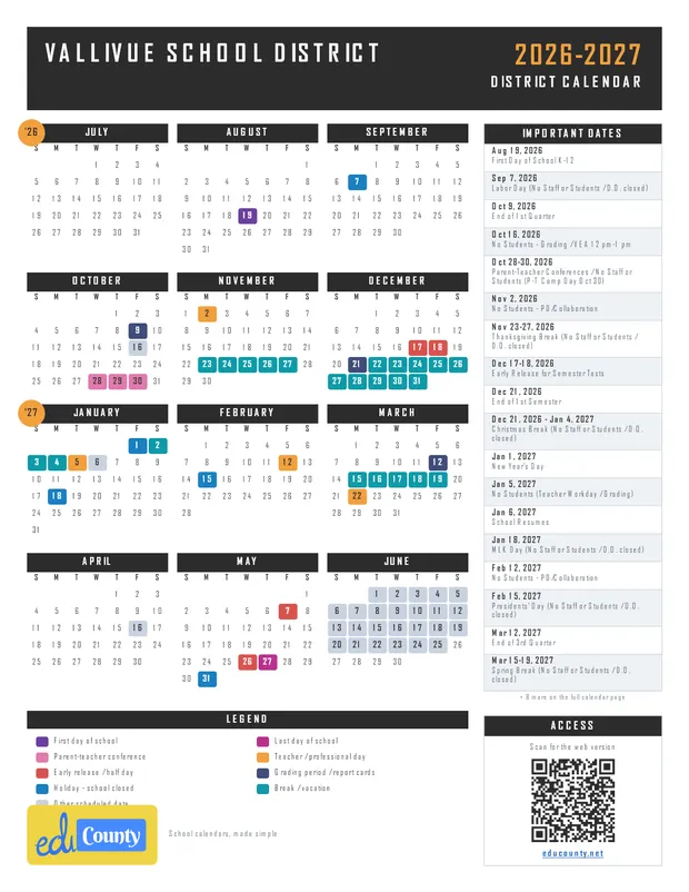 Vallivue School District printable 2026-27 calendar