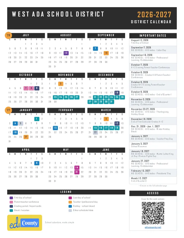 West Ada School District printable 2026-27 calendar