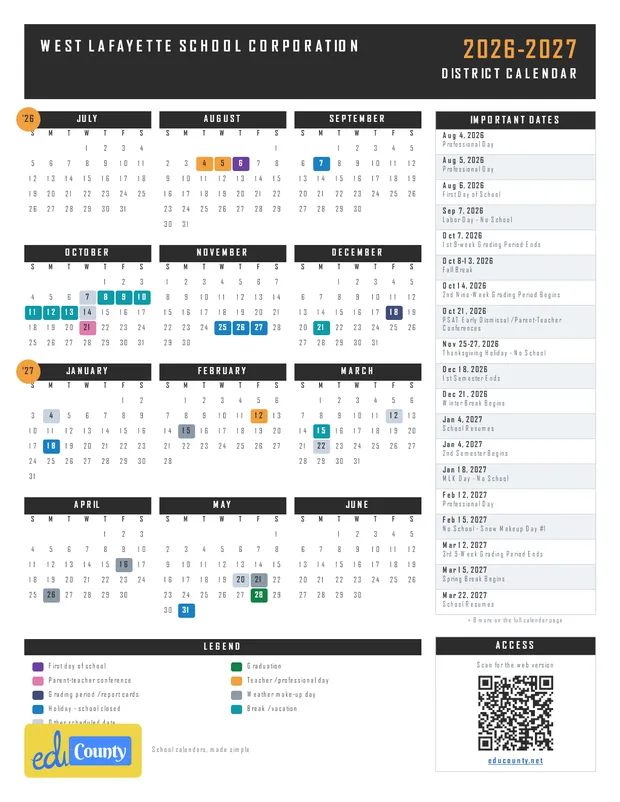 West Lafayette School Corporation printable 2026-27 calendar