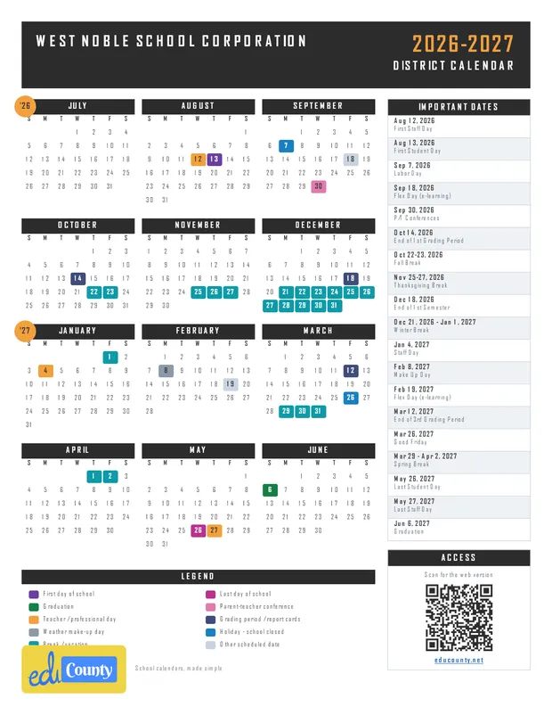 West Noble School Corporation printable 2026-27 calendar
