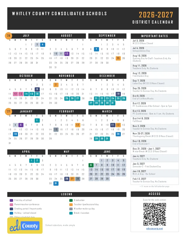 Whitley County Consolidated Schools printable 2026-27 calendar