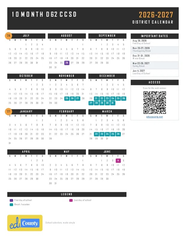 10 month D62 CCSD printable 2026-27 calendar